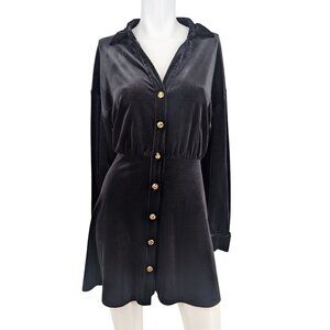 Zara Black Velvet Mini Dress Gold Button Front Coquette Goth Long Sleeve Size L